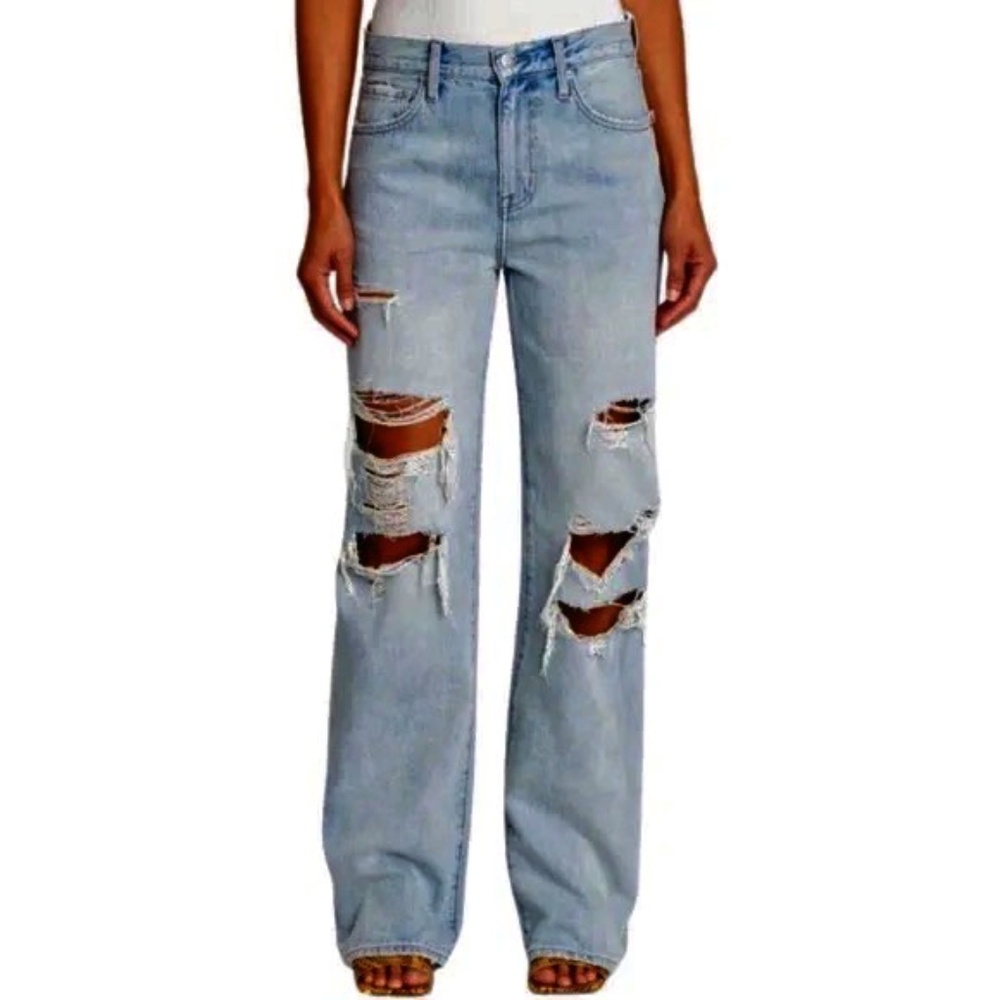 Pistola High Rise Distressed Boyfriend Jeans, Relaxed Straight Wide Leg, Blue